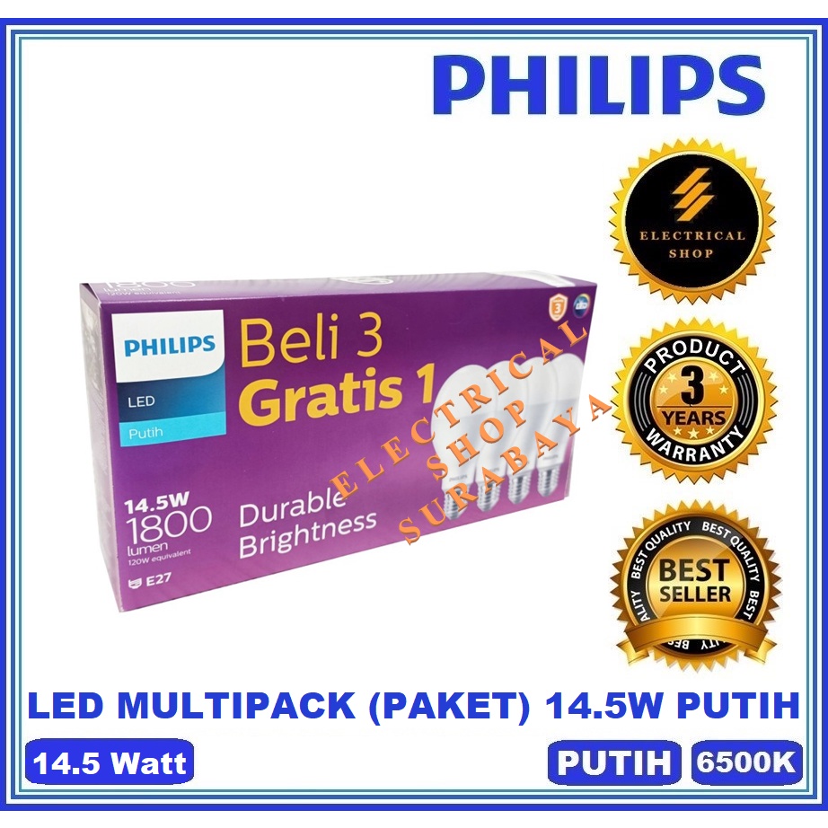 PHILIPS LAMPU LED BULB MULTIPACK 14.5W 14.5 WATT PUTIH 14,5W 14,5 W BUNDLING PAKET 3 GRATIS 1