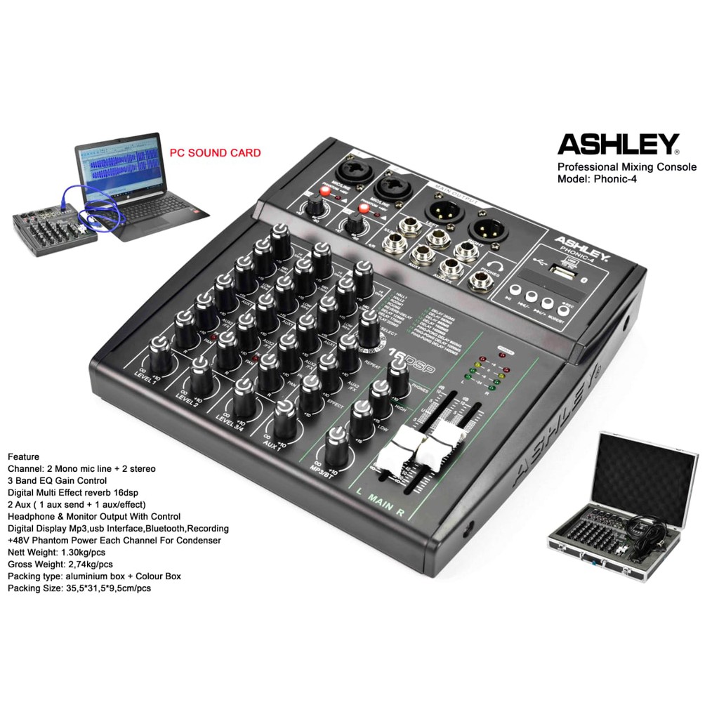 Mixer 4 Channel Ashley Phonic 4 Phonic4 MP3 EQ USB Bluetooth Free KOPER HARDCASE Original