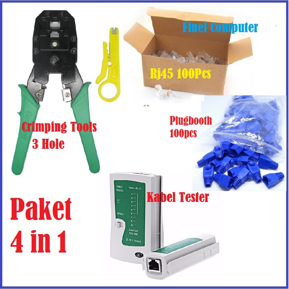 Paket 4 in 1 Crimping tools -Tester LAn - Rj45 100 - Plugbooth 100pcs