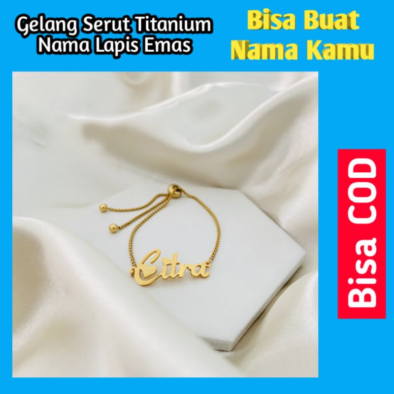 Gelang Serut Titanium Nama Lapis Emas Fashion Wanita Aksesoris Kekinian