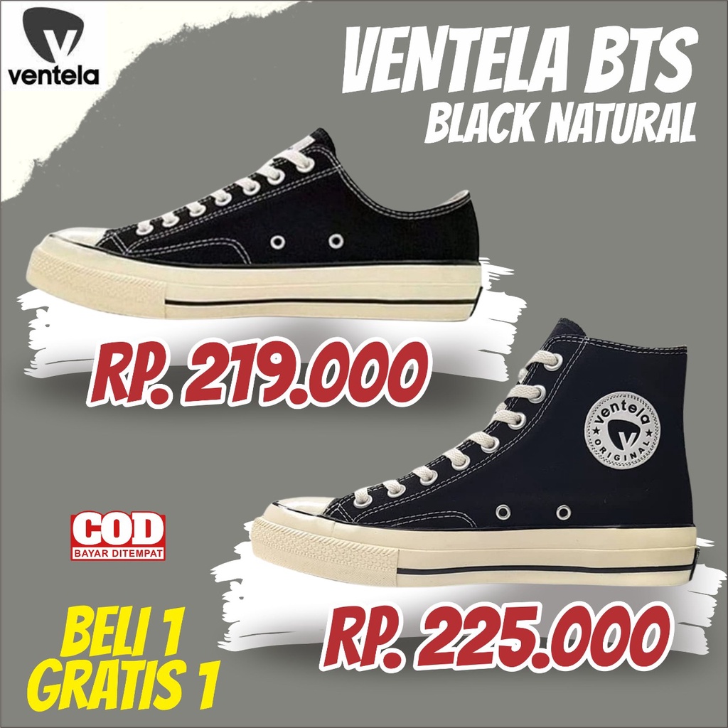 Sepatu Ventela 70s Black Natural High Low Original  Sneakers Casual  Vantela Ventella Fashion Pria S
