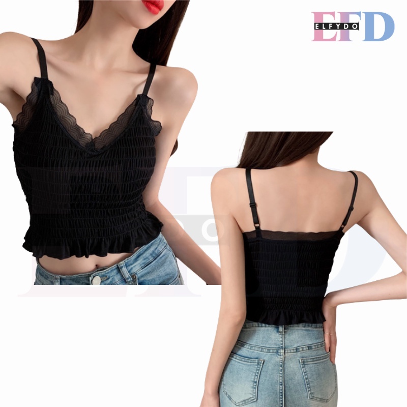 ELFYDO BRA518 Tanktop V-Neck Crop Renda Crinkle Dengan Busa Bra Tanpa Kawat Singlet Casual OOTD