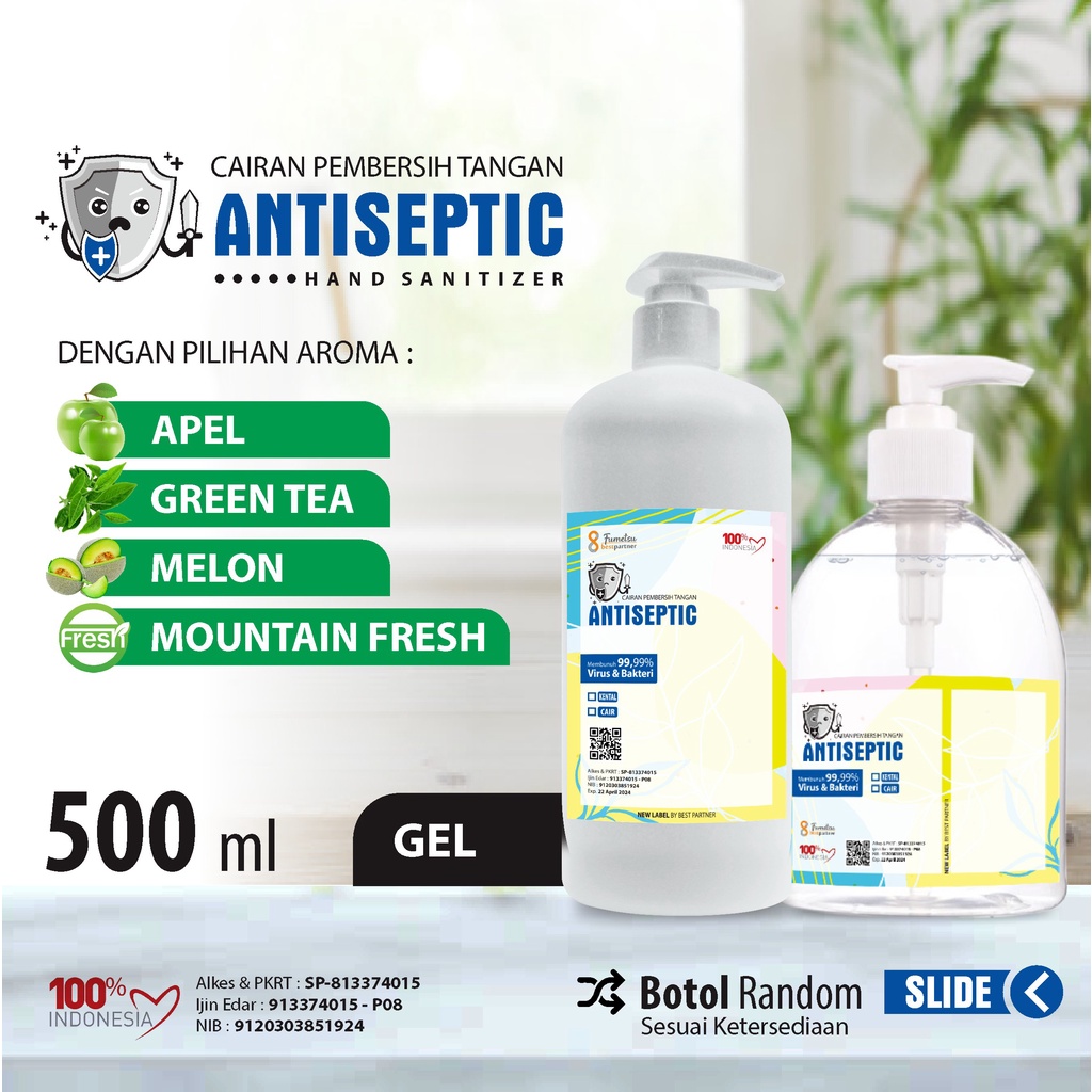 HandSantizer Gel Putihan  Antiseptic Varian Aroma Segar / Varian Buah Segar 500 ML BOTOL  PUMP