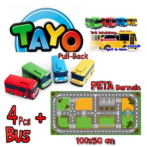 TAYO THE LITTLE BUS Mainan Anak Diecast Mobil Bus PULL BACK Isi 4 Pcs + Peta (Map) Jalanan 100x50cm