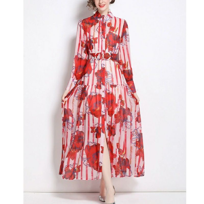 05510  Baju maxidress longdress Maxi long dress gaun pesta STRIPED salur merah lengan panjang busui 