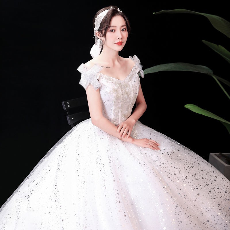 156 White Bling Bling Off Shoulder Long Tail Women Party Wedding Gown Dress Bridal Wedding Dress