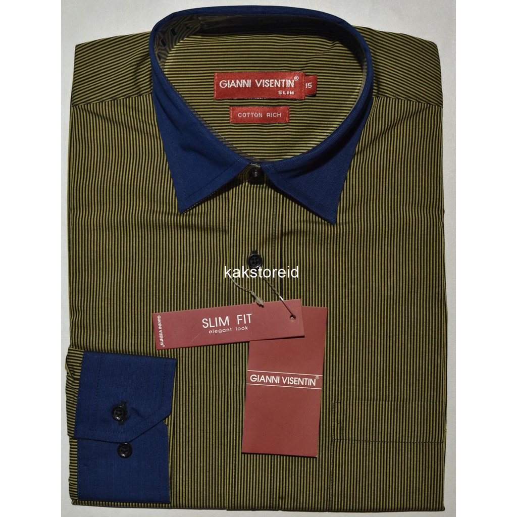 GIANNI VISENTIN Kemeja Pria Formal Lengan Panjang Kuning Hitam Salur Slimfit B0493 ORIGINAL