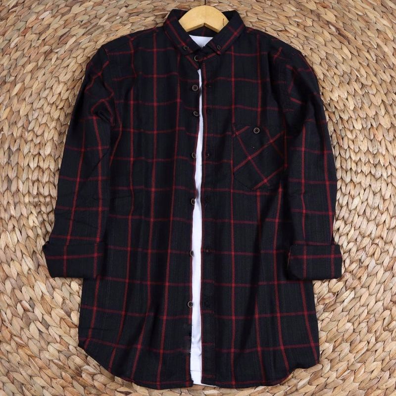 Kemeja Flanel Pria Wanita Motif Garis Merah Berkualitas