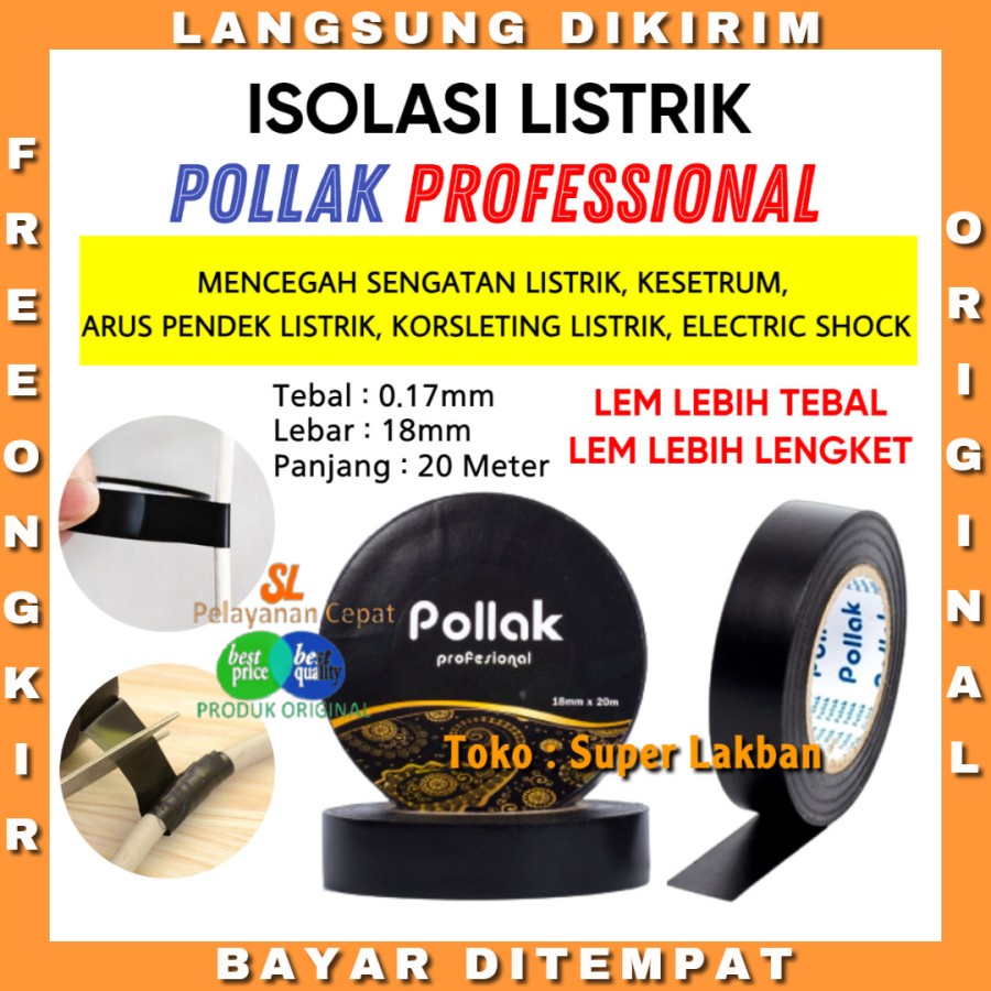 Solasi Listrik Kabel Hitam Tahan Panas Pollak Professional 18mm x 20Meter Rekat Kuat Berkualitas