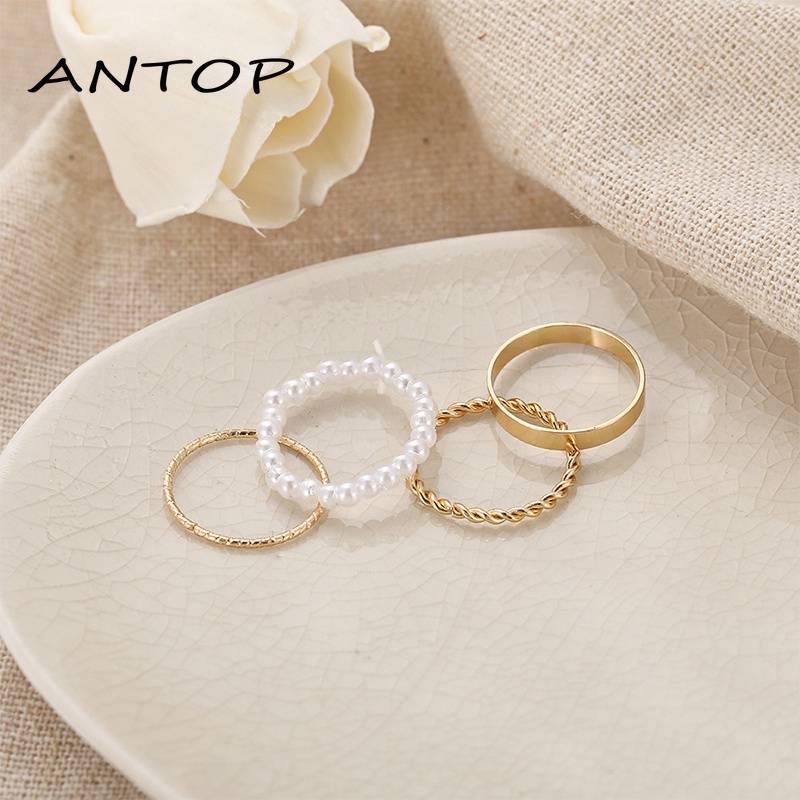 Korea Wanita Mutiara Cincin Wanita Emas Cincin Logam Set Fashion Perhiasan Aksesoris  ANTOP