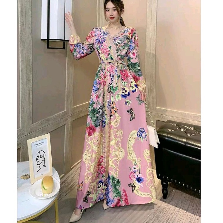94430 Baju maxidress longdress WRAP Maxi dress gaun pesta panjang motif bunga floral pink hitam Kore