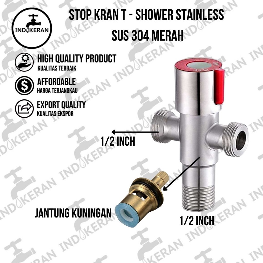 INDOKERAN - Stop Kran Shower T Stainless Merah - 1/2 Inch