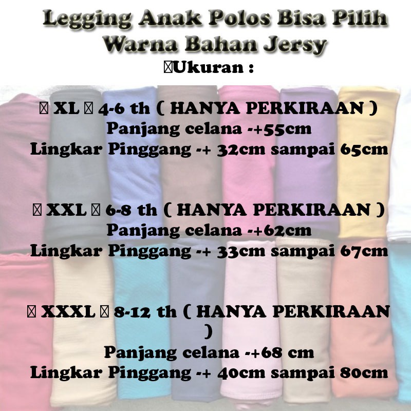PILIH WARNA Celana Lejing Anak Perempuan Panjang Spandex Premium Usia Bayi Sampai 13 Tahun Termurah