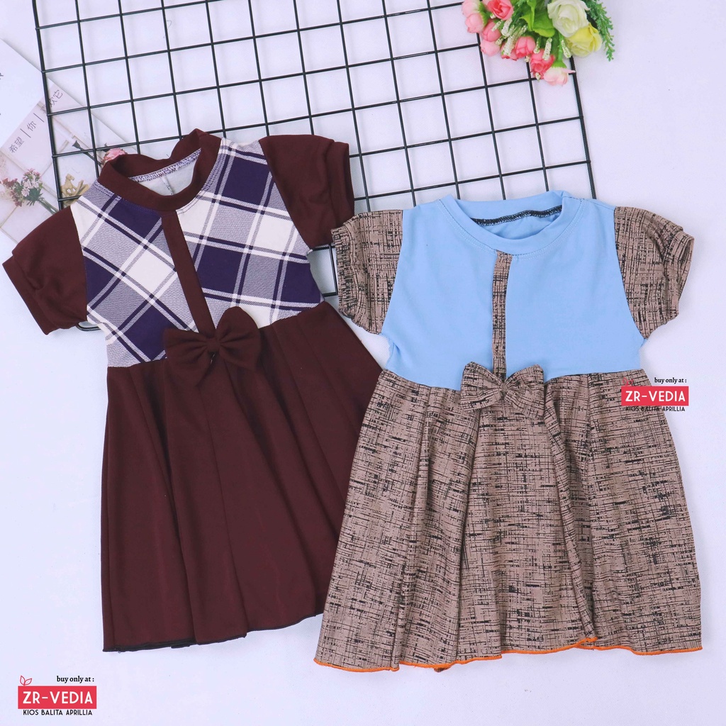 Dress Jasmine size 1-2 Tahun / Baju Anak Perempuan Dres Lengan Balita Murah Adem Pita Harian Grosir