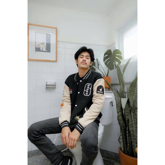 Jaket Baseball Varsity Unisex Original Salvio Hexia Hitam Cream Jaket Varsity Salviohexia