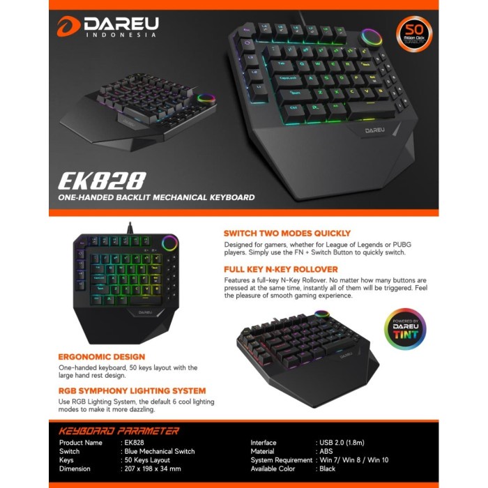 Dareu EK828 / Dareu EK-828 / Dareu EK 828 One Hand Keyboard Gaming