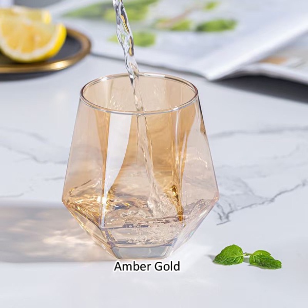 Gelas Hexagonal Diamond Crystal Glass kaca Cangkir Unik gelas whiskey teh kopi home cafe vlog korea mojito cocktail dessert MK1226-AMBER GOLD