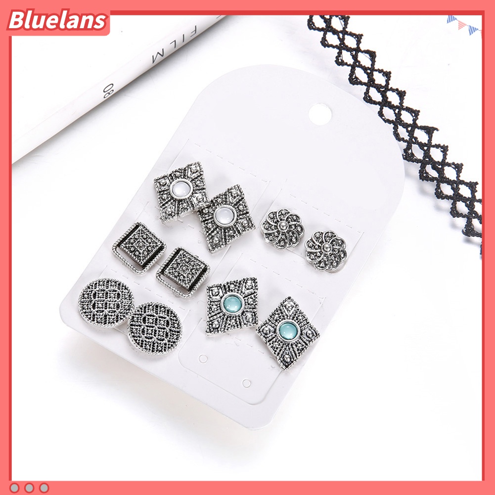 5 Pasang Anting Stud Berlian Imitasi Geometris Rongga Gaya Bohemia Untuk Perhiasan Wanita