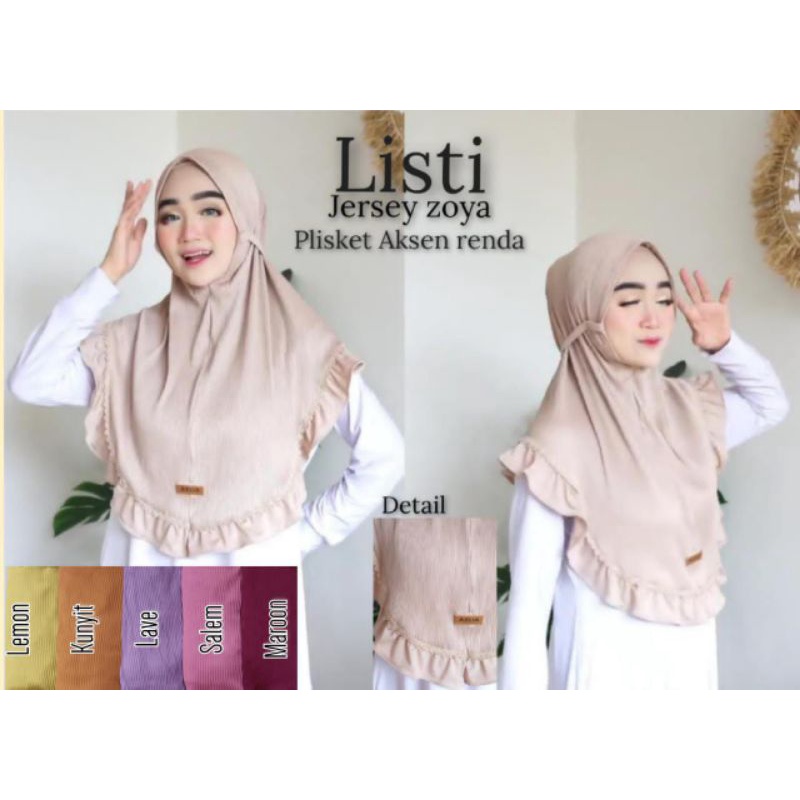 Bergo Plisket Aksen Renda Non Pet Tali Belakang Bahan Jersey Zoya Ori Merek Azlia Hijab