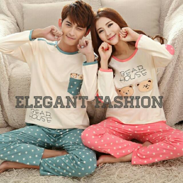 Baju Tidur Piyama Kaos Setelan Panjang Couple Pasangan Import Lucu Murah Simple Cute Bear House
