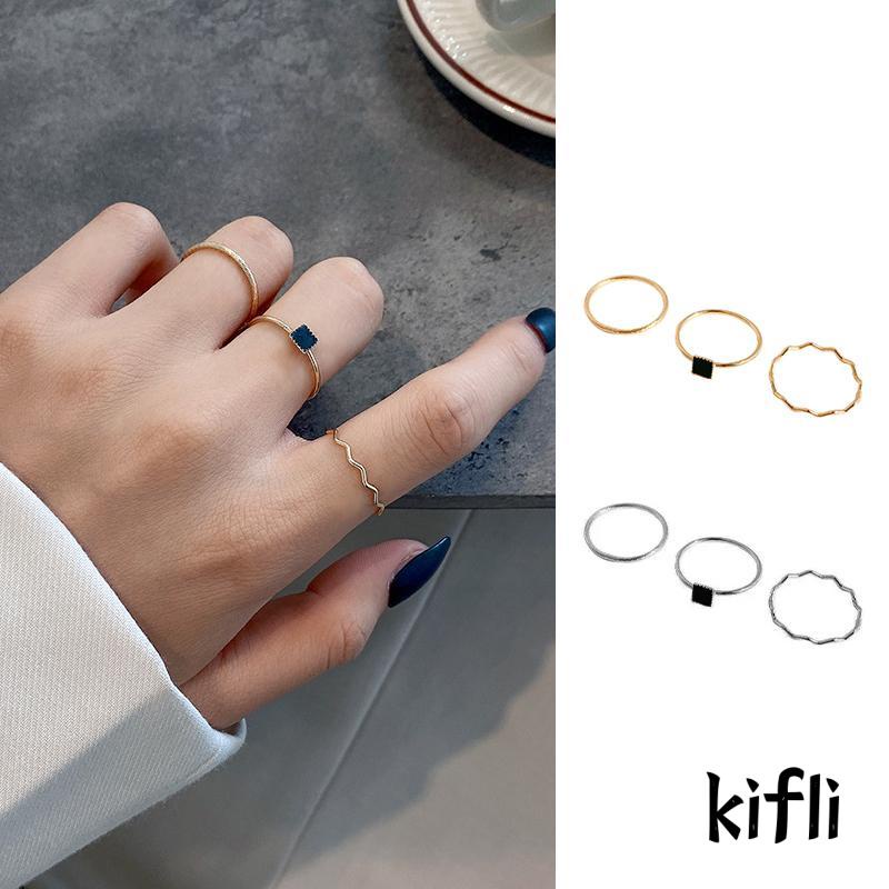 3pcs Cincin Zircon Persegi Warna Hitam Untuk Wanita