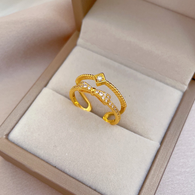 Cincin Titanium Wanita (Terbuka) Pita Cantik Berlian Lapis Emas 18K Perhiasan Korea