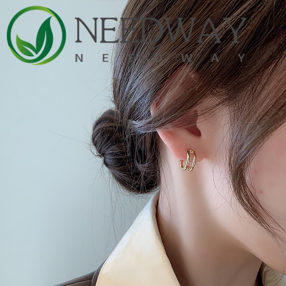 Needway  Trendy C Shaped Earrings Elegant Stud Earrings Hoop Earrings Tiny Korean Double Circle Alloy Retro Girl Fashion Jewelry/Multicolor