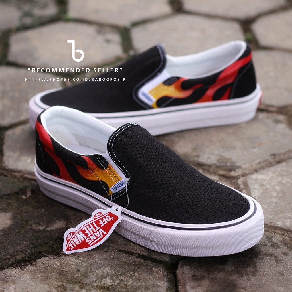 PROMO Sepatu Slip On Pria dan Wanita | Vans Slip On Flame Black White TOP Premium, Kualitas Original Harga Murah