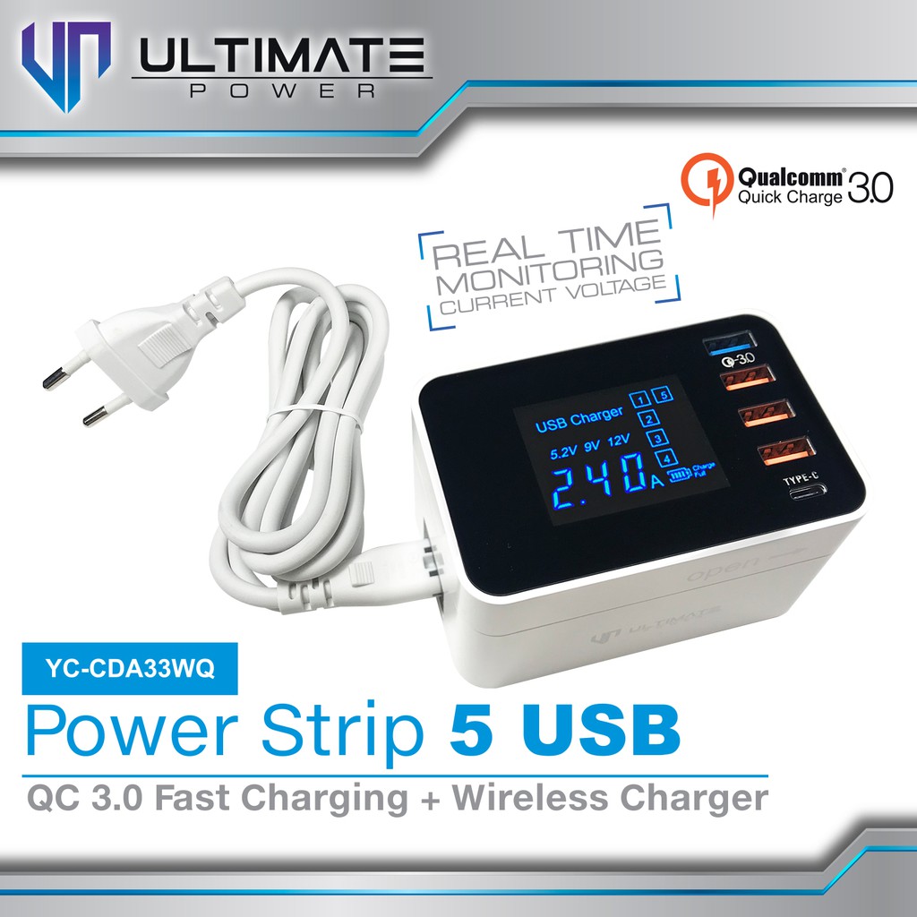 Ultimate YC-CDA33WQ Power Strip 5 USB &amp; Wireless Charger QC3.0 LED