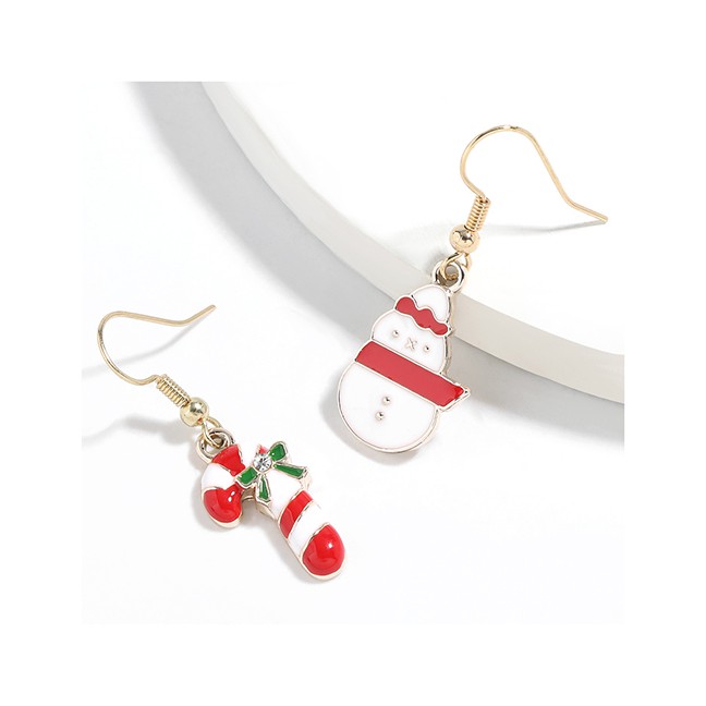 LRC Anting Natal Fashion Christmas Cane Snowman Alloy Dripping Christmas Cane Snowman Asymmetrical