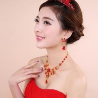 [PRODUK FAVORIT] SET ANTING KALUNG PESTA AKSESORIS PENGANTIN MERAH CRYSTAL KAM006