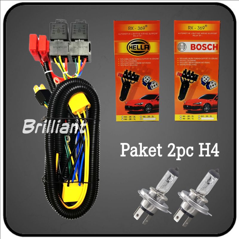 Kabel Set Relay Lampu Mobil - Universal H4 - Bisa Paket + Bohlam H4 2pc Original