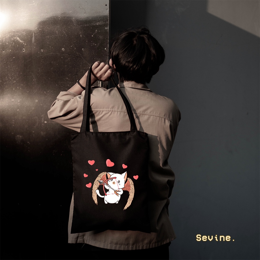 Sevine Totebag Tas Wanita Tote Bag Resleting Cute Cat Black Series Hitam - CSL7