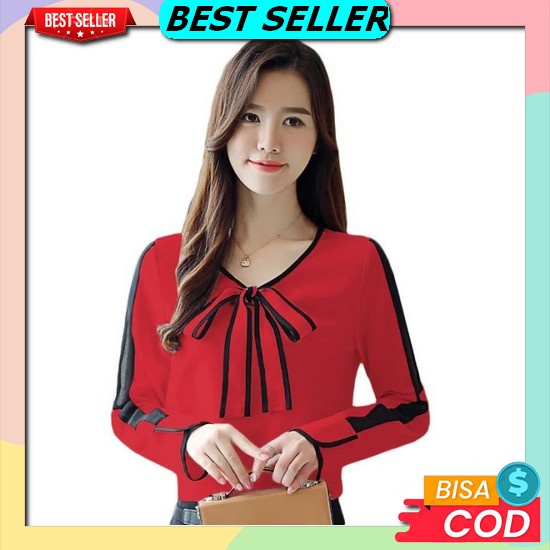 Annet Blouse Crincle Deodora Rample Lengan Ruffle Serit Tangan Lengan Panjang Balon Atasan Wanita Ce