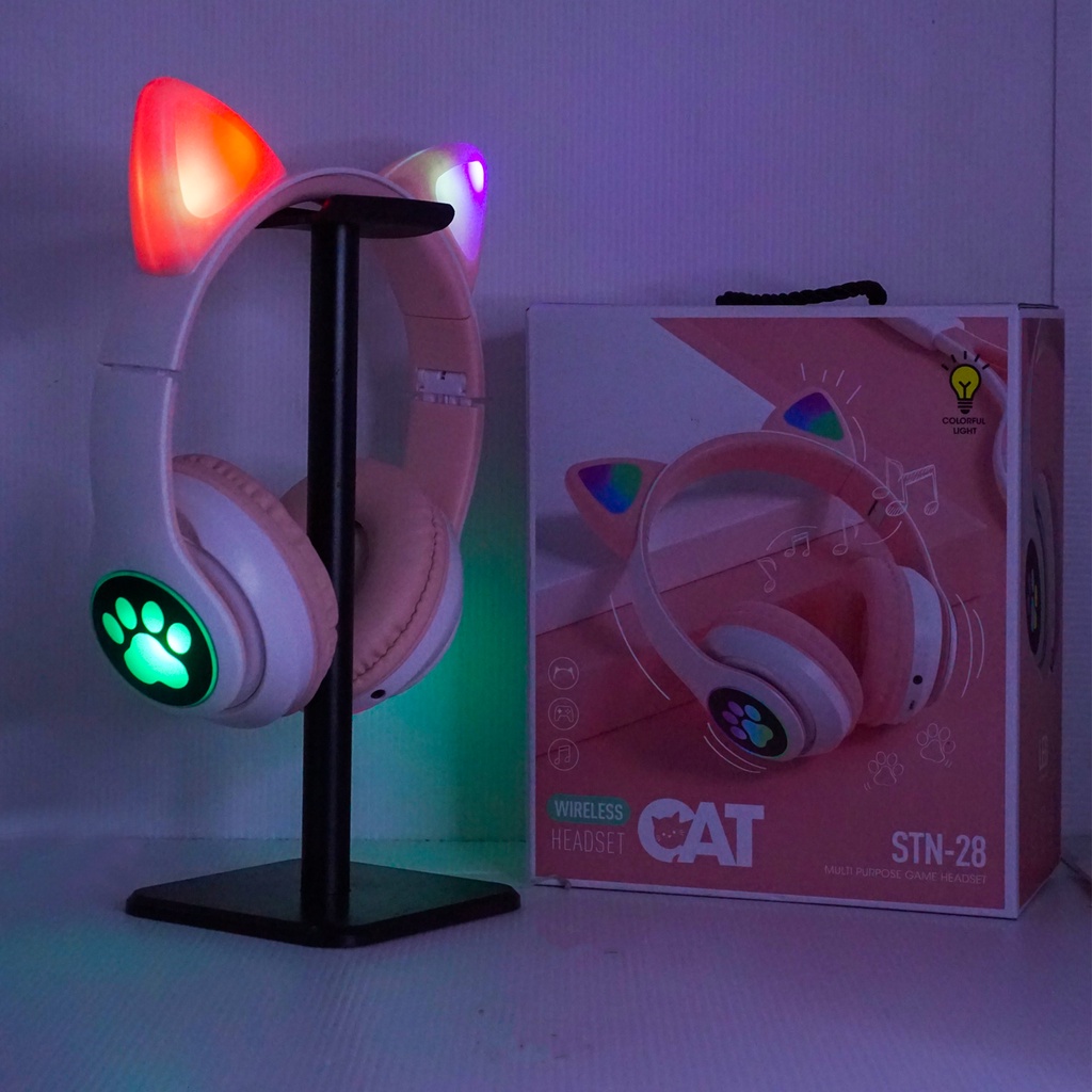 Headphone B39 STN28 Kucing Karakter LED Color Headset Gaming Bluetooth Wireless Game Headset Cat Ear LED Bando anak Perempuan Cewek Wanita Headset Led RGB Headset Komputer Headphone Laptop