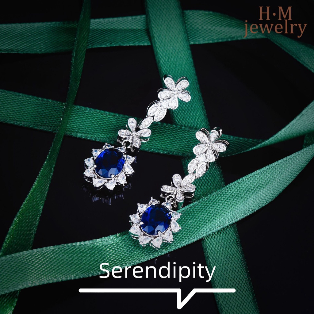 Anting Sapphire Panjang Bentuk Bunga Matahari Aksen Berlian