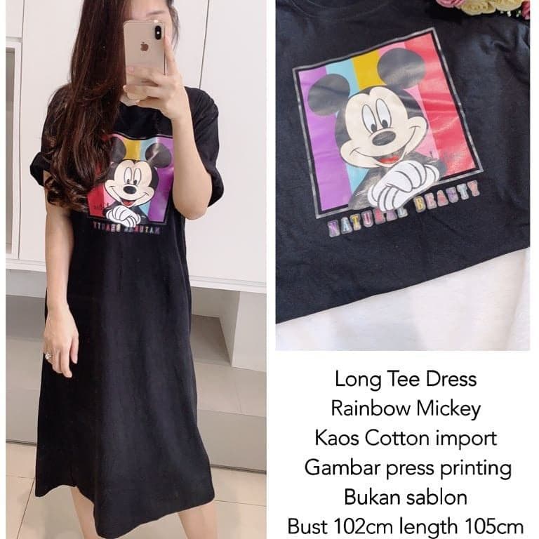 Long Dress Rainbow Mickey Kaos Import Panjang OVERSIZE MOTIF KEKINIAN PREMIUM Wanita Perempuan Remaj
