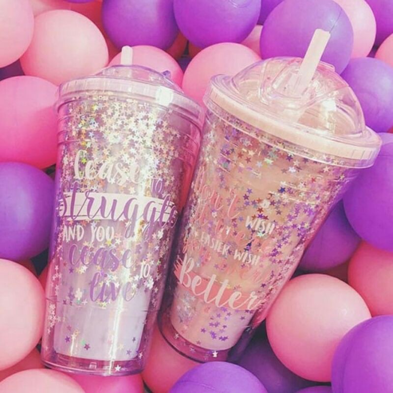 Glitter Tumbler Cups Blink Gelas Botol Minum Air Sedotan 450ml + Free Buble Wrap