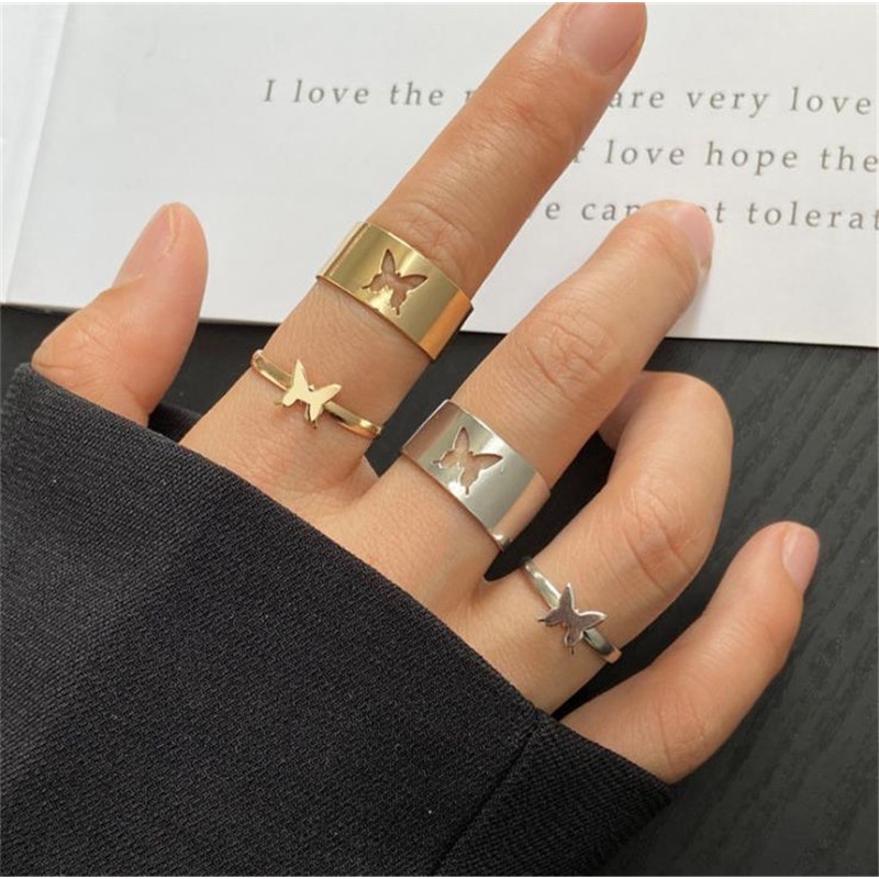 [ACKER] 2Pcs/Set Mode Kupu-kupu Cincin Set Pasangan Korea Cincin Hollow Jari Cincin Wanita Perhiasan Aksesoris Hadiah