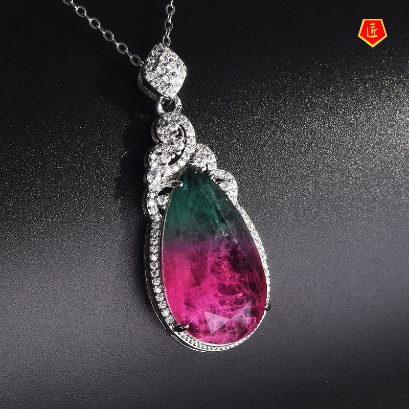 [Ready Stock]Watermelon Tourmaline Pendant 18K Rose Gold Water Drop Colored Gems Necklace