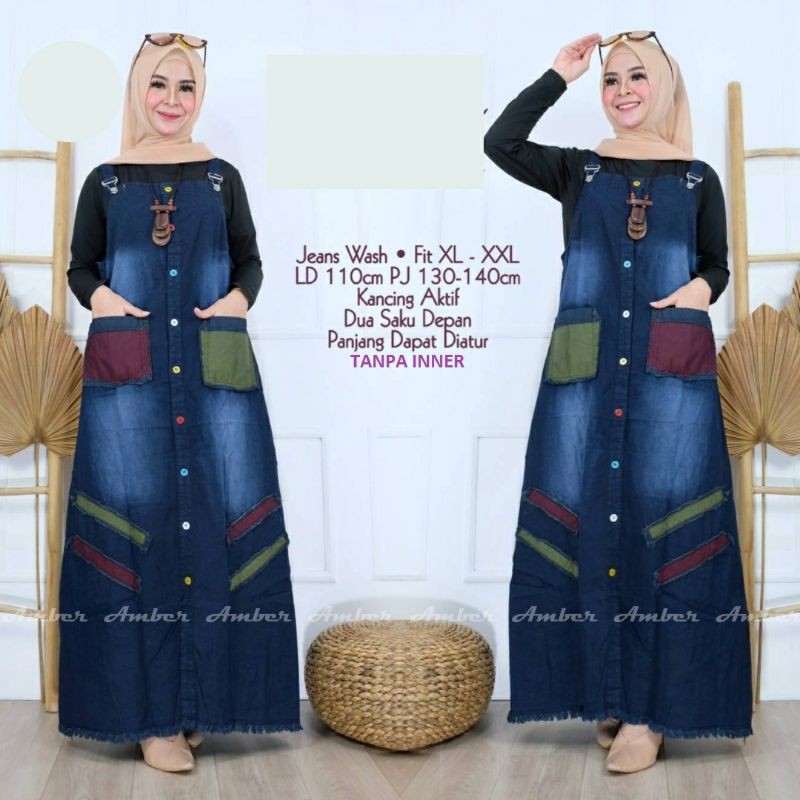 Keva Overall Jeans Cewek NO INNER LD 110 Fit XL-XXL Baju Kodok Rok Panjang Wanita Dewasa Kancing