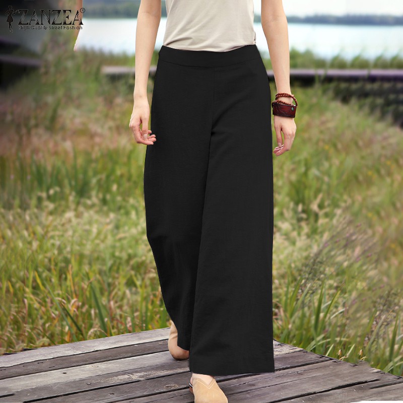 ZANZEA Women Solid Color Elastic Waist Casual Wide Leg Long Pants