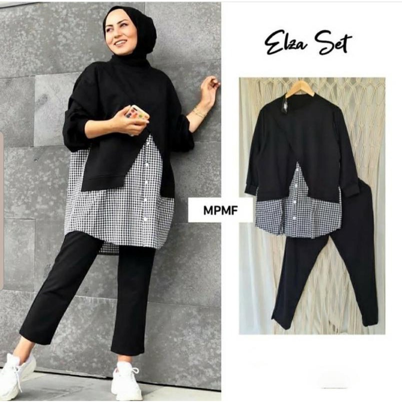 Setelan Wanita Kekinian Muslim Import One Set Wanita Korean Style Lp79 Elza Set Black [Setelan Wani