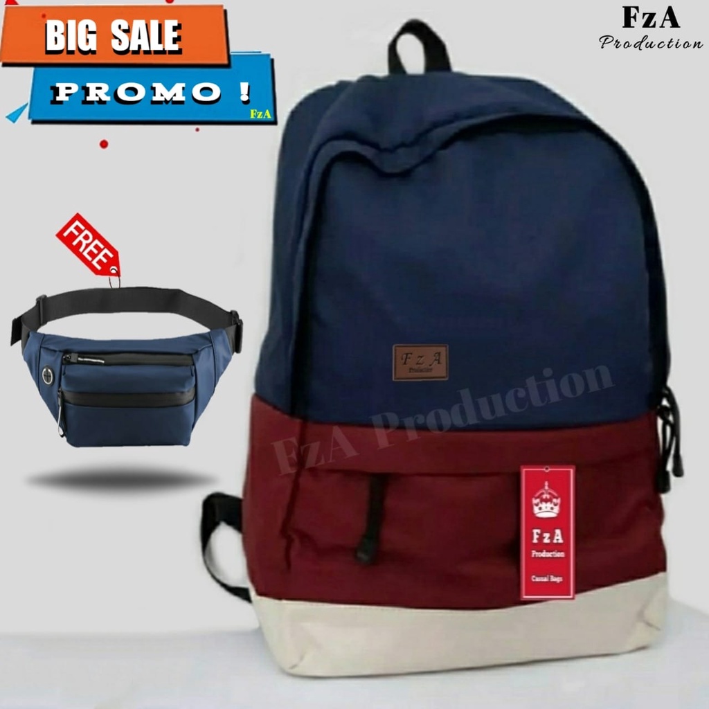 Tas Ransel Punggung Distro Casual Pria Wanita / Tas Ransel Laptop Original FzA FREE Waist Bag