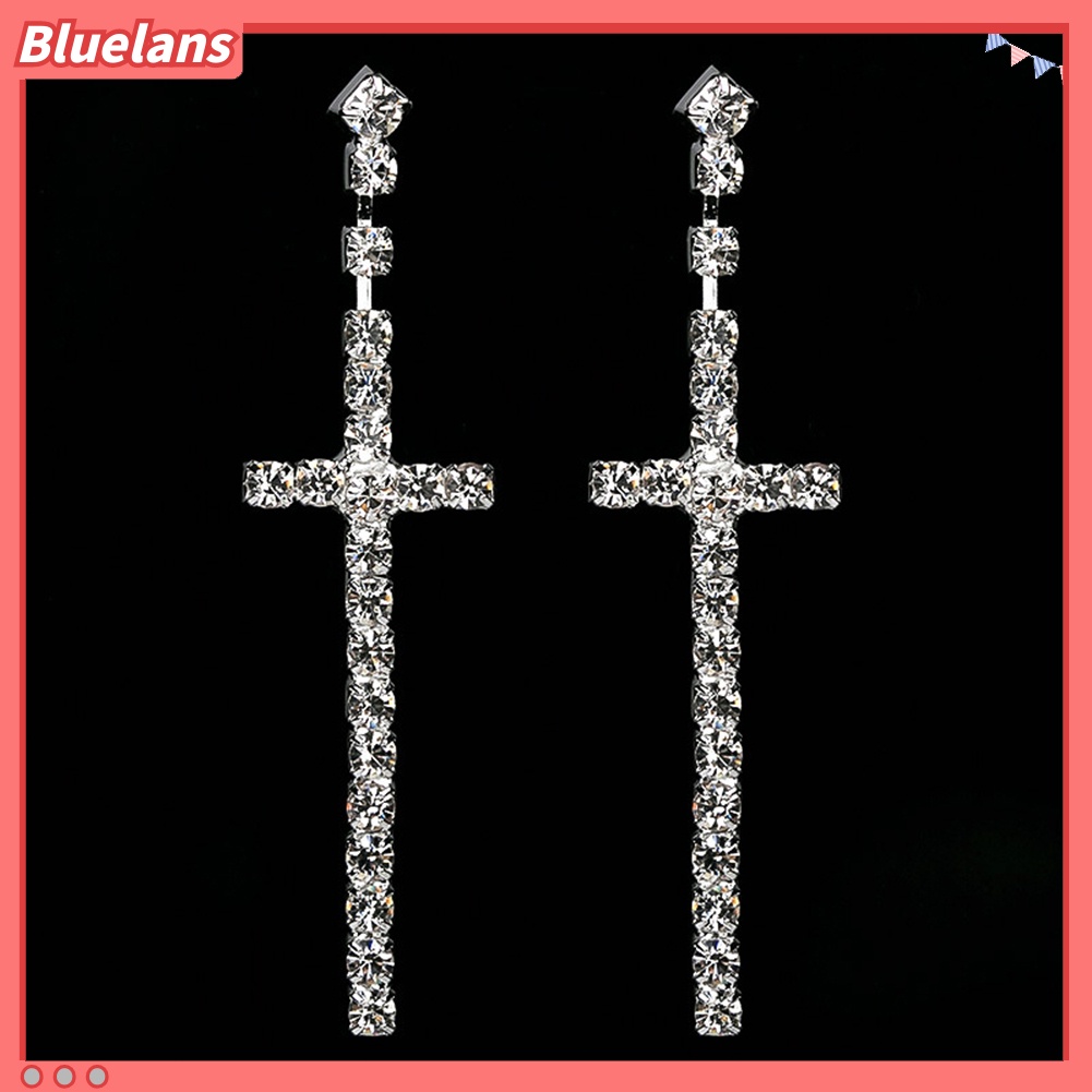 Bluelans Women Rhinestone Cross Pendant Single Double Rows Dangle Eardrop Stud Earrings