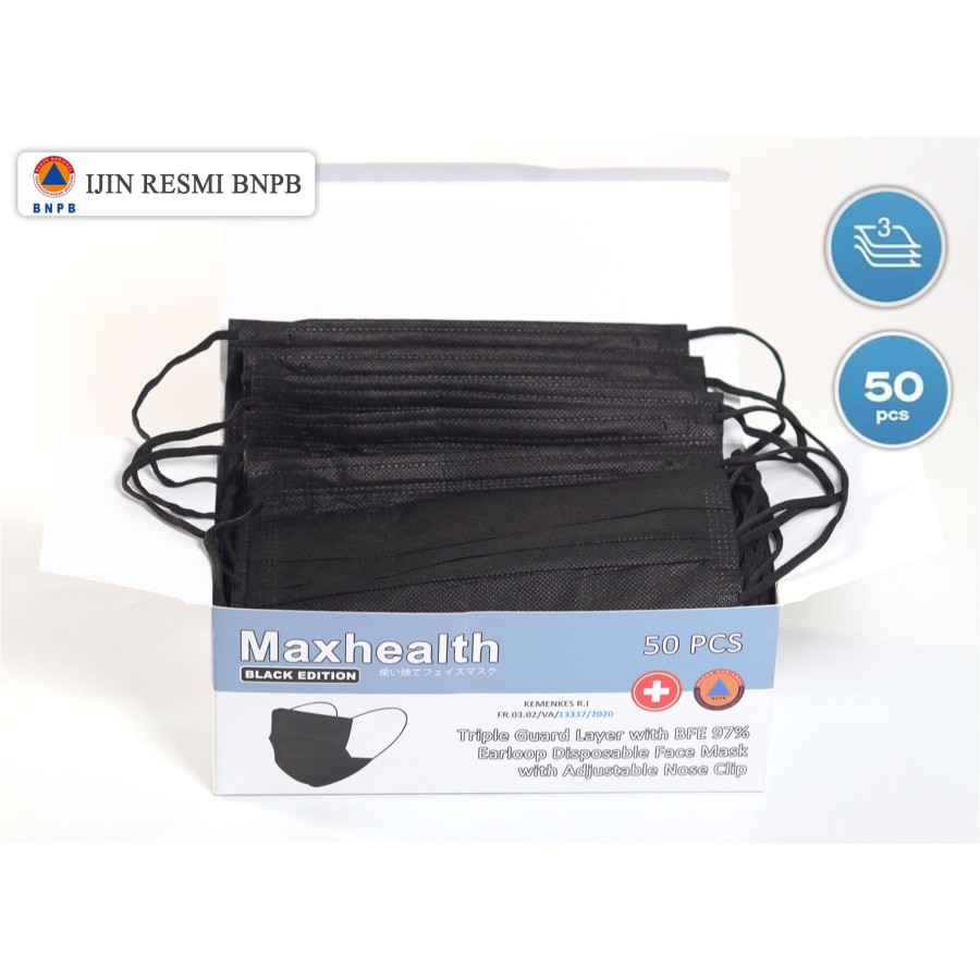 MASKER KESEHATAN MEDIS MASKER MULUT HIDUNG HITAM MAXHEALT 3ply Earloop I BOX ISI 50 PCS Mask VA148