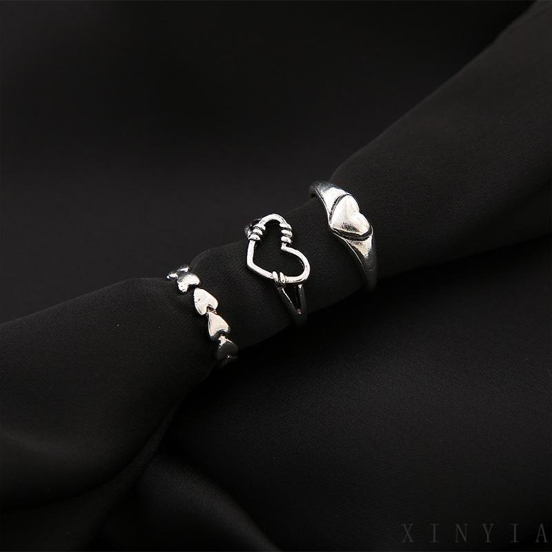 Xia.id 3PCS / Set Cincin Model Terbuka Bahan Metal Desain Hati Gaya Retro / Simple Kreatif Untuk Wanita