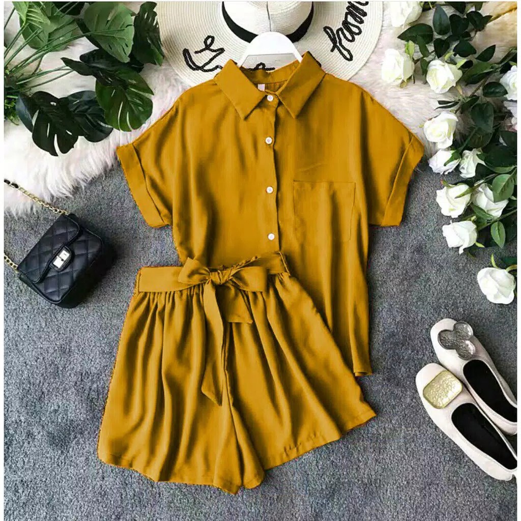 QF - SETELAN WANITA JOENISA KUNING MERAH HITAM BAHAN MOSSCREPE TO FIT L