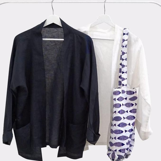 Dijual Luaran Kimono Pria Wanita Putih / Hitam Outer Polos Jahit Katun Linen - Abu-Abu Berkualitas