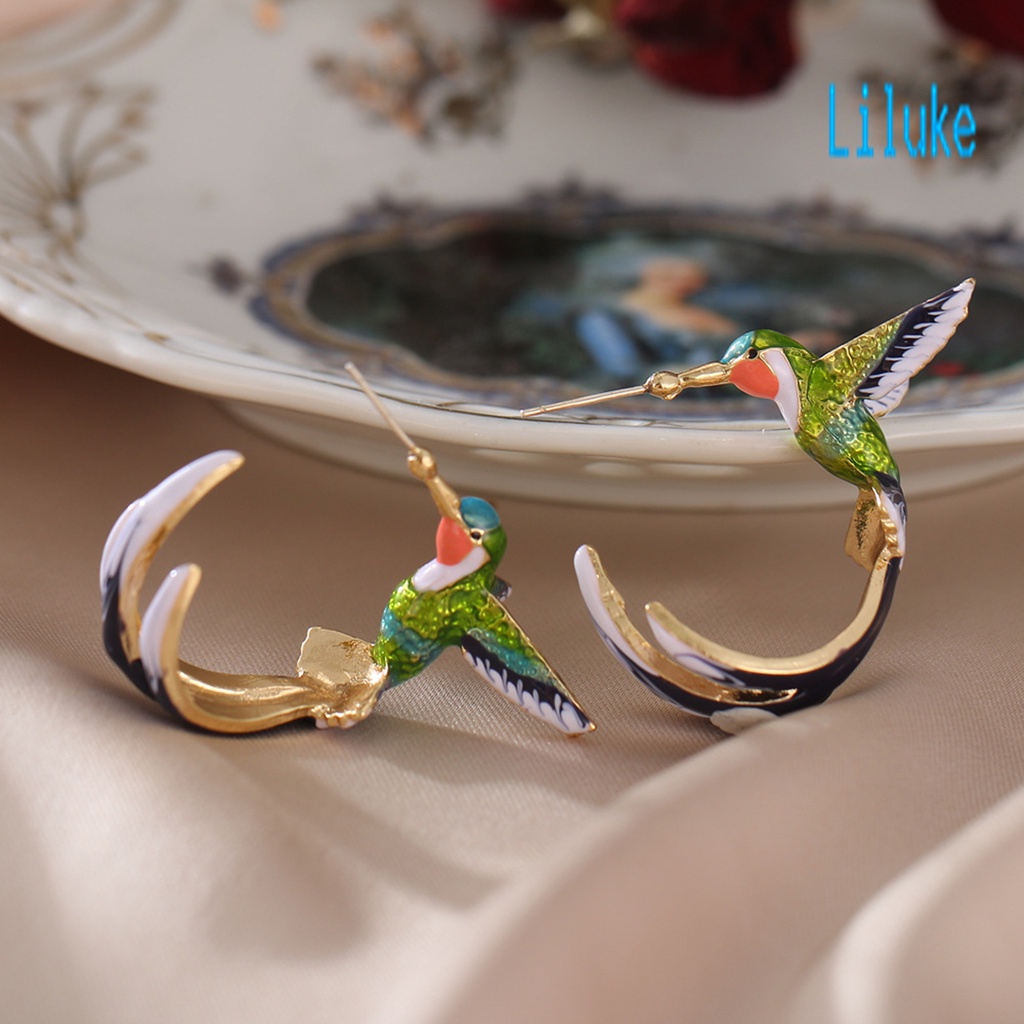 Lk Anting Tusuk Gantung Wanita Bahan Alloy Desain Burung Kolibri Enamel Untuk Pesta